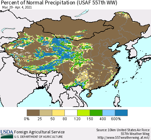China, Mongolia and Taiwan Percent of Normal Precipitation (USAF 557th WW) Thematic Map For 3/29/2021 - 4/4/2021