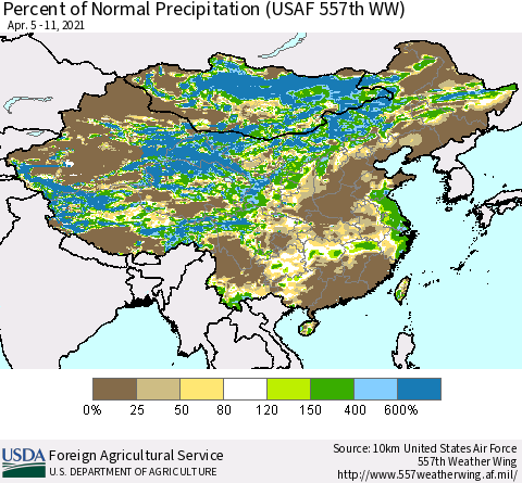 China, Mongolia and Taiwan Percent of Normal Precipitation (USAF 557th WW) Thematic Map For 4/5/2021 - 4/11/2021