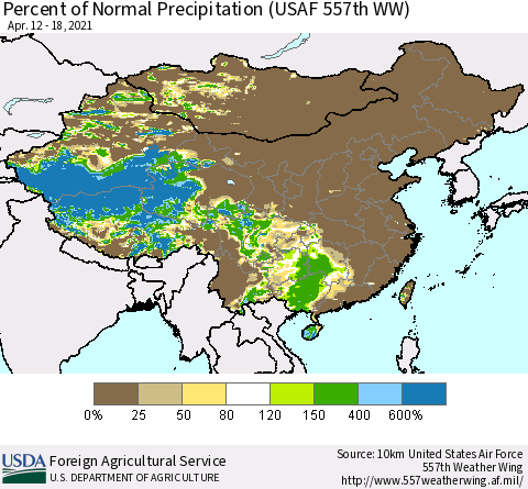 China, Mongolia and Taiwan Percent of Normal Precipitation (USAF 557th WW) Thematic Map For 4/12/2021 - 4/18/2021
