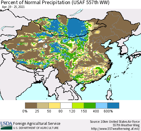 China, Mongolia and Taiwan Percent of Normal Precipitation (USAF 557th WW) Thematic Map For 4/19/2021 - 4/25/2021
