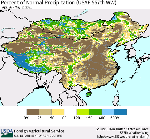 China, Mongolia and Taiwan Percent of Normal Precipitation (USAF 557th WW) Thematic Map For 4/26/2021 - 5/2/2021