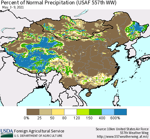 China, Mongolia and Taiwan Percent of Normal Precipitation (USAF 557th WW) Thematic Map For 5/3/2021 - 5/9/2021