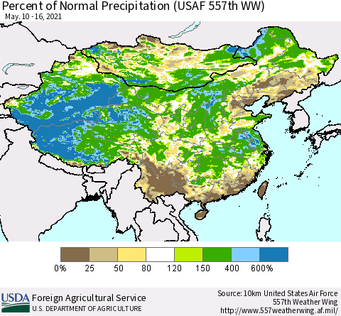 China, Mongolia and Taiwan Percent of Normal Precipitation (USAF 557th WW) Thematic Map For 5/10/2021 - 5/16/2021