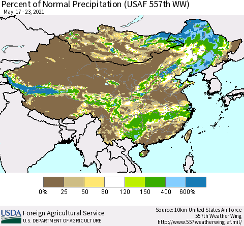 China, Mongolia and Taiwan Percent of Normal Precipitation (USAF 557th WW) Thematic Map For 5/17/2021 - 5/23/2021