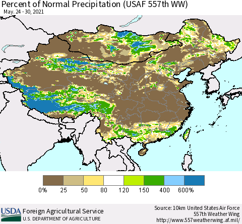 China, Mongolia and Taiwan Percent of Normal Precipitation (USAF 557th WW) Thematic Map For 5/24/2021 - 5/30/2021