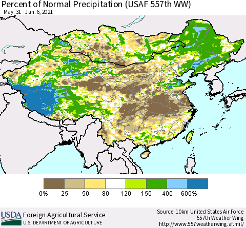 China, Mongolia and Taiwan Percent of Normal Precipitation (USAF 557th WW) Thematic Map For 5/31/2021 - 6/6/2021