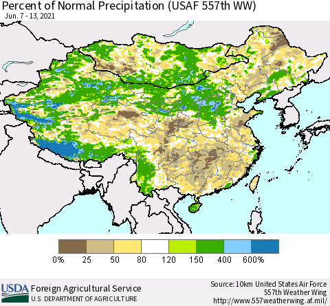 China, Mongolia and Taiwan Percent of Normal Precipitation (USAF 557th WW) Thematic Map For 6/7/2021 - 6/13/2021