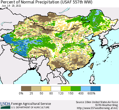 China, Mongolia and Taiwan Percent of Normal Precipitation (USAF 557th WW) Thematic Map For 6/14/2021 - 6/20/2021