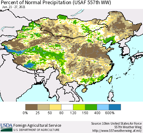 China, Mongolia and Taiwan Percent of Normal Precipitation (USAF 557th WW) Thematic Map For 6/21/2021 - 6/27/2021