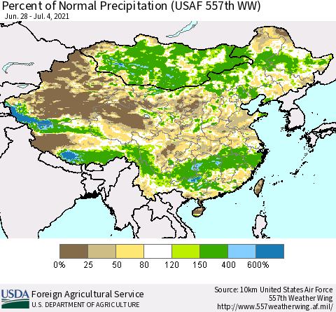 China, Mongolia and Taiwan Percent of Normal Precipitation (USAF 557th WW) Thematic Map For 6/28/2021 - 7/4/2021