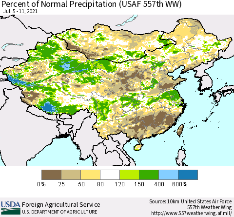 China, Mongolia and Taiwan Percent of Normal Precipitation (USAF 557th WW) Thematic Map For 7/5/2021 - 7/11/2021