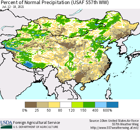 China, Mongolia and Taiwan Percent of Normal Precipitation (USAF 557th WW) Thematic Map For 7/12/2021 - 7/18/2021