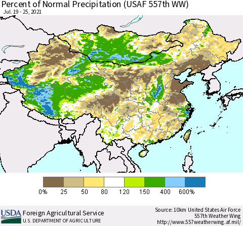 China, Mongolia and Taiwan Percent of Normal Precipitation (USAF 557th WW) Thematic Map For 7/19/2021 - 7/25/2021
