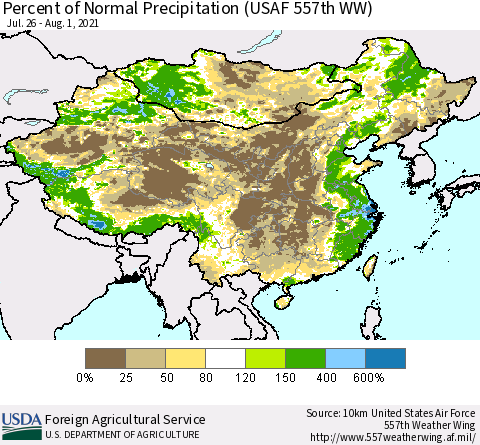 China, Mongolia and Taiwan Percent of Normal Precipitation (USAF 557th WW) Thematic Map For 7/26/2021 - 8/1/2021