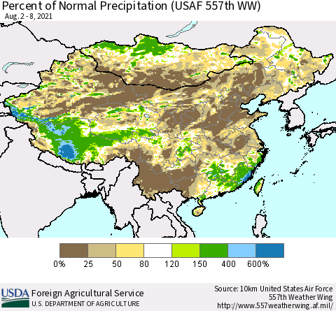 China, Mongolia and Taiwan Percent of Normal Precipitation (USAF 557th WW) Thematic Map For 8/2/2021 - 8/8/2021