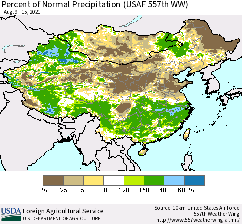 China, Mongolia and Taiwan Percent of Normal Precipitation (USAF 557th WW) Thematic Map For 8/9/2021 - 8/15/2021