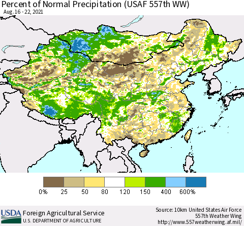 China, Mongolia and Taiwan Percent of Normal Precipitation (USAF 557th WW) Thematic Map For 8/16/2021 - 8/22/2021
