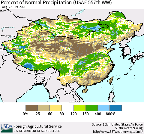 China, Mongolia and Taiwan Percent of Normal Precipitation (USAF 557th WW) Thematic Map For 8/23/2021 - 8/29/2021