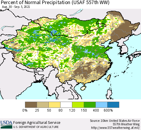 China, Mongolia and Taiwan Percent of Normal Precipitation (USAF 557th WW) Thematic Map For 8/30/2021 - 9/5/2021