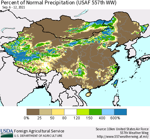 China, Mongolia and Taiwan Percent of Normal Precipitation (USAF 557th WW) Thematic Map For 9/6/2021 - 9/12/2021