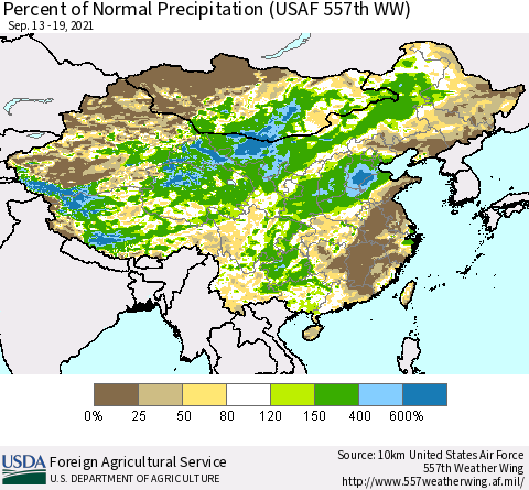 China, Mongolia and Taiwan Percent of Normal Precipitation (USAF 557th WW) Thematic Map For 9/13/2021 - 9/19/2021