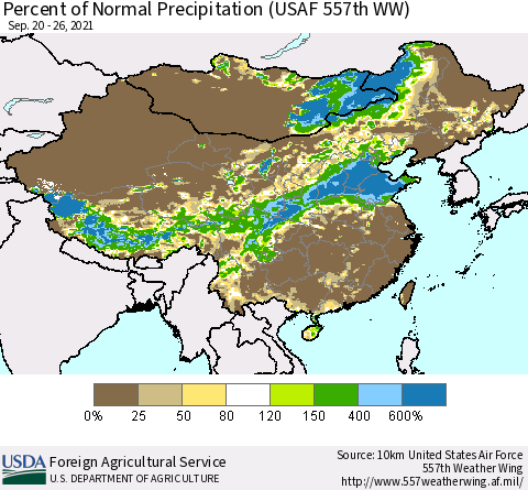 China, Mongolia and Taiwan Percent of Normal Precipitation (USAF 557th WW) Thematic Map For 9/20/2021 - 9/26/2021