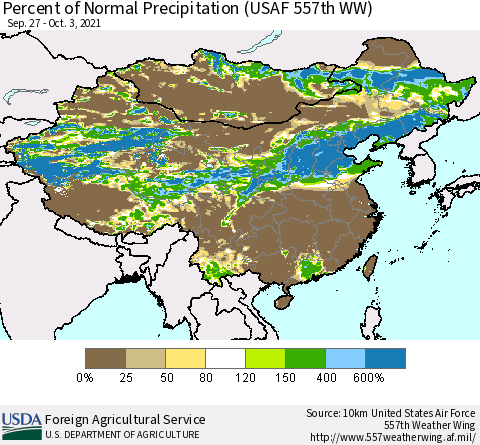 China, Mongolia and Taiwan Percent of Normal Precipitation (USAF 557th WW) Thematic Map For 9/27/2021 - 10/3/2021