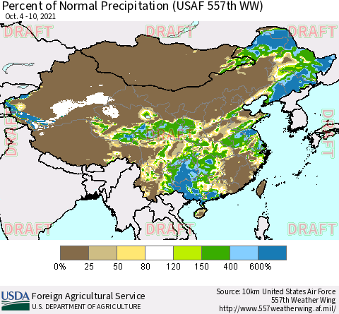 China, Mongolia and Taiwan Percent of Normal Precipitation (USAF 557th WW) Thematic Map For 10/4/2021 - 10/10/2021