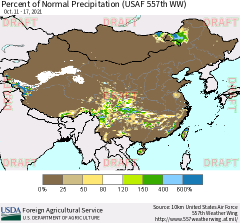 China, Mongolia and Taiwan Percent of Normal Precipitation (USAF 557th WW) Thematic Map For 10/11/2021 - 10/17/2021
