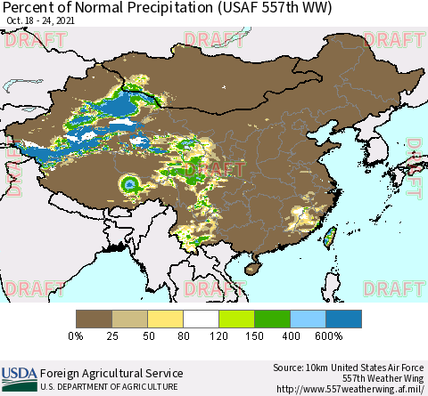 China, Mongolia and Taiwan Percent of Normal Precipitation (USAF 557th WW) Thematic Map For 10/18/2021 - 10/24/2021