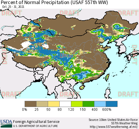 China, Mongolia and Taiwan Percent of Normal Precipitation (USAF 557th WW) Thematic Map For 10/25/2021 - 10/31/2021