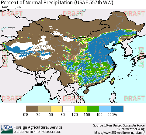 China, Mongolia and Taiwan Percent of Normal Precipitation (USAF 557th WW) Thematic Map For 11/1/2021 - 11/7/2021