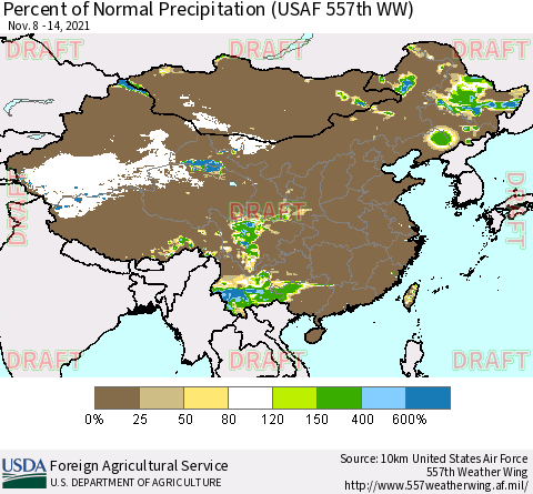 China, Mongolia and Taiwan Percent of Normal Precipitation (USAF 557th WW) Thematic Map For 11/8/2021 - 11/14/2021