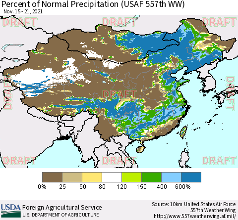 China, Mongolia and Taiwan Percent of Normal Precipitation (USAF 557th WW) Thematic Map For 11/15/2021 - 11/21/2021