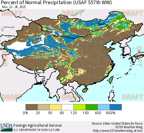 China, Mongolia and Taiwan Percent of Normal Precipitation (USAF 557th WW) Thematic Map For 11/22/2021 - 11/28/2021