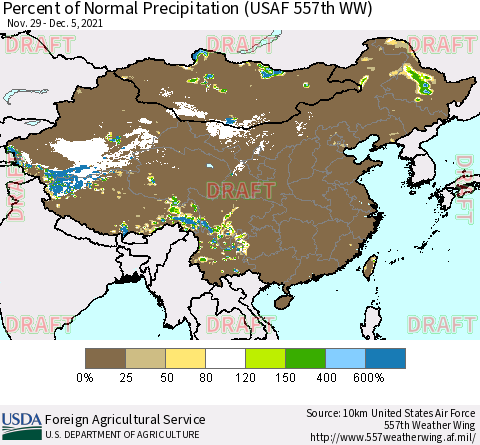 China, Mongolia and Taiwan Percent of Normal Precipitation (USAF 557th WW) Thematic Map For 11/29/2021 - 12/5/2021