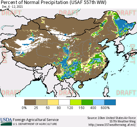 China, Mongolia and Taiwan Percent of Normal Precipitation (USAF 557th WW) Thematic Map For 12/6/2021 - 12/12/2021