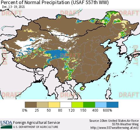 China, Mongolia and Taiwan Percent of Normal Precipitation (USAF 557th WW) Thematic Map For 12/13/2021 - 12/19/2021