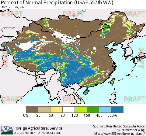 China, Mongolia and Taiwan Percent of Normal Precipitation (USAF 557th WW) Thematic Map For 12/20/2021 - 12/26/2021
