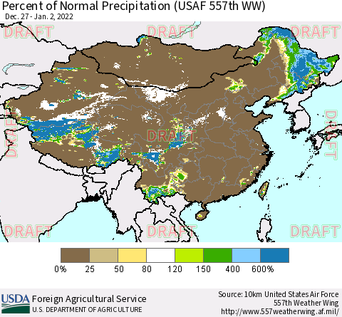 China, Mongolia and Taiwan Percent of Normal Precipitation (USAF 557th WW) Thematic Map For 12/27/2021 - 1/2/2022