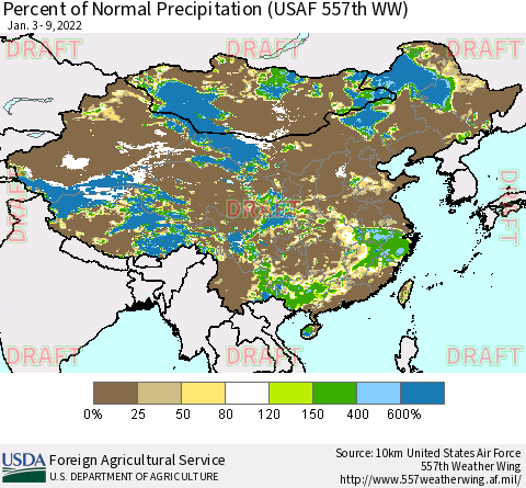 China, Mongolia and Taiwan Percent of Normal Precipitation (USAF 557th WW) Thematic Map For 1/3/2022 - 1/9/2022