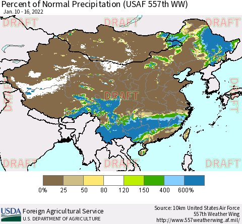 China, Mongolia and Taiwan Percent of Normal Precipitation (USAF 557th WW) Thematic Map For 1/10/2022 - 1/16/2022