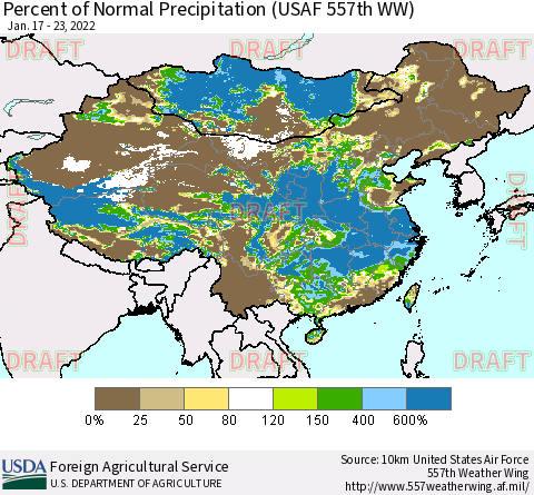 China, Mongolia and Taiwan Percent of Normal Precipitation (USAF 557th WW) Thematic Map For 1/17/2022 - 1/23/2022