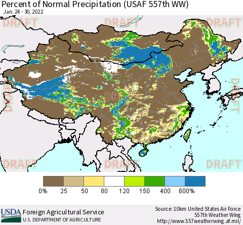 China, Mongolia and Taiwan Percent of Normal Precipitation (USAF 557th WW) Thematic Map For 1/24/2022 - 1/30/2022