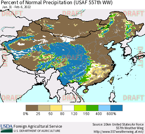 China, Mongolia and Taiwan Percent of Normal Precipitation (USAF 557th WW) Thematic Map For 1/31/2022 - 2/6/2022