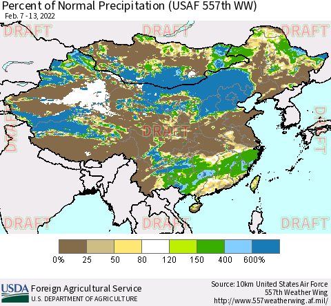 China, Mongolia and Taiwan Percent of Normal Precipitation (USAF 557th WW) Thematic Map For 2/7/2022 - 2/13/2022