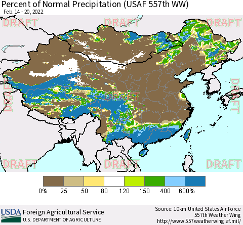 China, Mongolia and Taiwan Percent of Normal Precipitation (USAF 557th WW) Thematic Map For 2/14/2022 - 2/20/2022