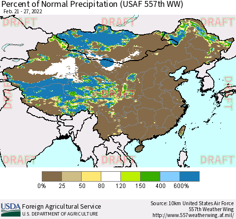 China, Mongolia and Taiwan Percent of Normal Precipitation (USAF 557th WW) Thematic Map For 2/21/2022 - 2/27/2022