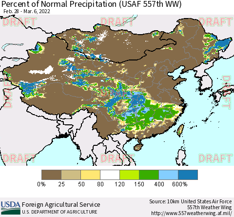 China, Mongolia and Taiwan Percent of Normal Precipitation (USAF 557th WW) Thematic Map For 2/28/2022 - 3/6/2022