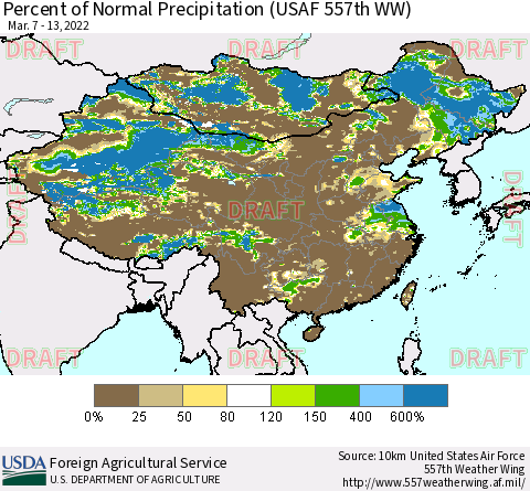 China, Mongolia and Taiwan Percent of Normal Precipitation (USAF 557th WW) Thematic Map For 3/7/2022 - 3/13/2022